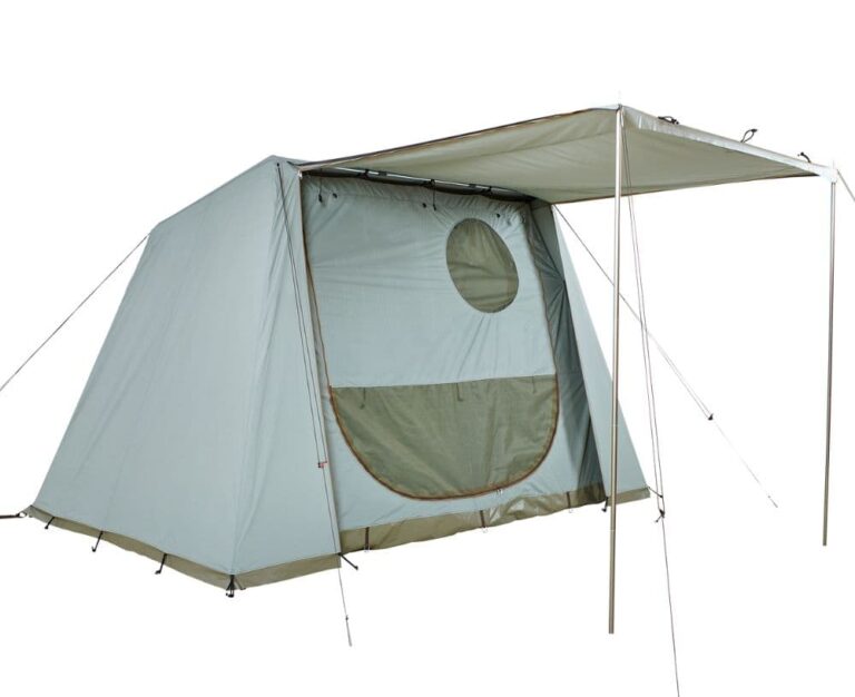 Kampeertenten & tenten voor jeugdbewegingen - Alpino-nadette-camping-tent-seagrass-corner-awning-front-musq-closed